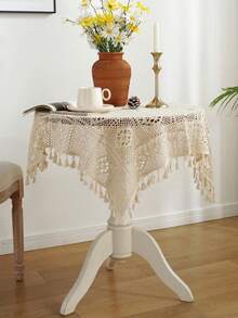 1 件复古钩针流苏桌布，简约设计桌垫，农舍蕾丝餐桌装饰，圆形/方形桌面盖，适用于厨房、梳妆台、婚礼派对 - 米色 - 查看 12