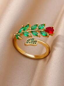 1 Stück exquisiter Zirkonia-Blatt-Ring für Frauen, verstellbarer Ring aus rostfreiem Stahl in Goldfarbe, Blätter-Design, Luxus-Modeschmuck Geschenk