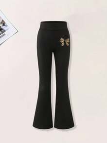 2pcs/Set Tween Girl Leopard&Bow Graphic Sweatshirt And Flares Pants Set,Comfortable & Fashionable Casual Wear Outfit,Back To School Outfits
