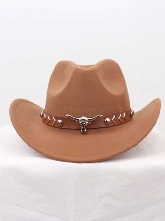 1pc Unisex Retro Western Cowboy Hat With Bull Trim For Everyday Casual Wear, Western Cowboy Parties.