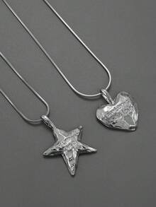 1 件时尚百搭新款心形和星星吊坠毛衣链项链，适合男女，日常佩戴、聚会、节日、礼物 - 銀色 - 查看 3