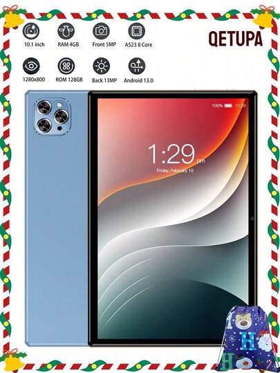 Qetupa 10.1-Inch M9-4 Android 13 Tablet, 4GB RAM+128GB ROM, A523 Octa-Core 2.0GHZ Processor, HD (1280x800) IPS Touch Screen, 5-Megapixel Front Camera And 13-Megapixel Rear Camera, 6000mAh Battery, 802.11ac WIFI5 2.4G+5G, Bluetooth 5.4, GPS, Does Not Support SIM Card, Supports Reading And Gaming.