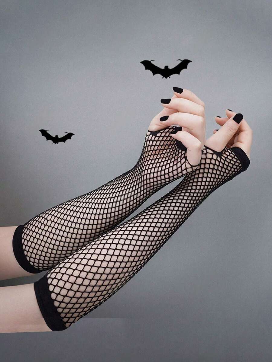 1 Pair Black Fishnet Gloves, Stretchy Mesh Arm Sleeves, Fingerless, Personalized Styling, Long/Short, Sun Protection, Suitable For Nightclub, Party, Etiquette - Black - View 1