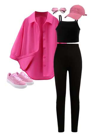 Conjunto de 3 piezas de estilo callejero para adolescentes, camisa holgada de manga media en color rosa neón, camiseta corta negra, leggings ajustados, primavera/verano