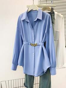 女士时尚蓝色长袖翻领衬衫，纽扣前襟，泡泡袖，常规长度 - 藍色 - 查看 1