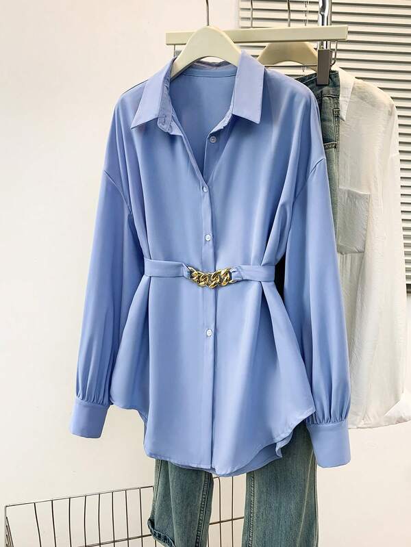 女士时尚蓝色长袖翻领衬衫，纽扣前襟，泡泡袖，常规长度