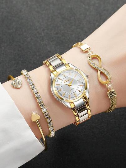 4pcs/Set Women's Elegant Numeric Dial Stainless Steel Band Quartz Wrist Watch + Bracelet, Fashion Casual (Watch Not Included)