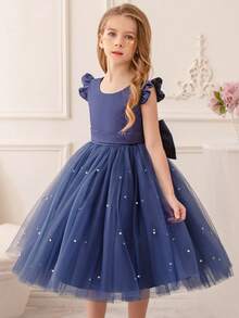 Váy dự tiệc lưới viền bèo nhún màu xanh cho bé gái, váy phong cách công chúa thanh lịch phù hợp cho tiệc sinh nhật, quà tặng Giáng sinh, dịp trang trọng, trang phục thường ngày, váy cưới cho bé gái - Xanh đậm - Xem 7