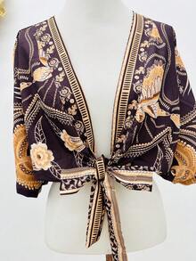 KISTYLE Crepe Blouse With Batwing Sleeves And Tie - Coffee Brown - View 3
