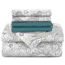 Lux Decor 6-Piece Paisley Bed Sheet Set, High-GSM Brushed Microfiber, 16-Inch Deep Pockets, Includes Sheets & Pillowcases. Soft, Hypoallergenic, Easy Care, Hotel-Quality Bedding For Dorms, Guest Rooms & Master Bedrooms - 白色和灰色 - 查看 12