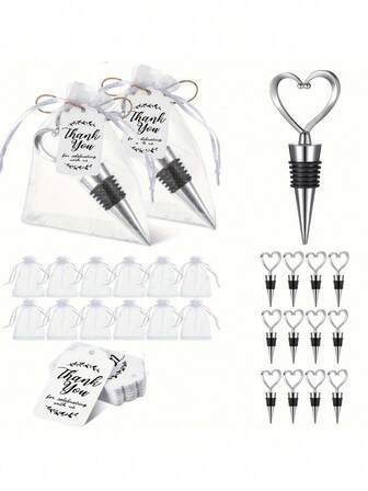 1 套/6 套/12 套优雅心形酒塞套装 - 理想的婚礼/生日/情人节礼物，配有感谢标签和透明欧根纱袋，可作为令人难忘的宾客礼物