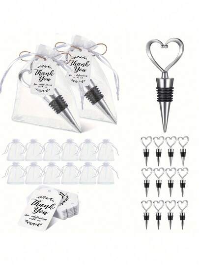1 Set/6 Sets/12 Sets Elegant Heart-Shaped Wine Stopper Set - Ideal Wedding/Birthday/Valentine's Day Favor, Comes With Thank You Tags And Organza Bags, Makes A Memorable Guest Gift