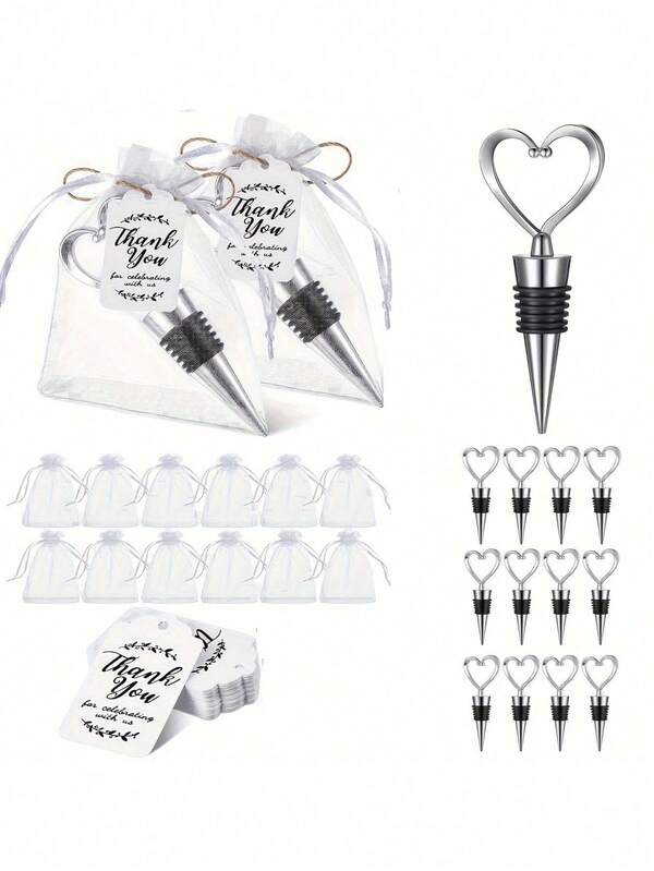 1 conjunto/6 conjuntos/12 conjuntos de rolhas de vinho elegantes em formato de coração - lembrancinhas ideais para casamento/aniversário/dia dos namorados com etiquetas de agradecimento e saquinhos de organza transparente para presentes memoráveis para convidados