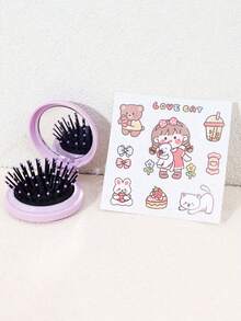 2 piezas Cepillo de pelo plegable mini lindo con espejo y pegatinas DIY - Peine de pelo de viaje portátil, diseño compacto con tapa abatible, cerdas suaves para cabello normal, regalo para niñas (rosa, azul, amarillo, negro)