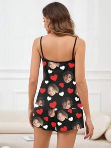 Customized Women's Camisole Pajama Set, Featuring Unique Large Portrait Photo, Couple Face Replacement, Festive Atmosphere - Multicolor - View 2