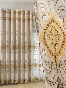 1 pieza Cortina de panel de lujo beige exquisita con bordado 3D, con ojales en la parte superior, protección blackout y aislamiento térmico grueso, adecuada para sala de estar, dormitorio, oficina, decoración del hogar