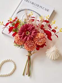 1 Bunch Artificial Flowers Mixed Silk Dandelion Eucalyptus Chrysanthemum Flower Bouquets Fake Flowers For Fall Decor Home Wedding Room Decor Table Centerpieces - Red - View 8