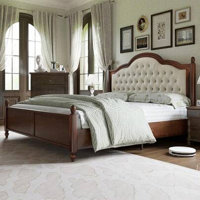 Merluxy Queen/King Size Solid Wood Platform Bed Frame With Upholstered Headboard, Durable Structure With Strong Wood Slat Support, Premium Bed For Comfortable Sleep