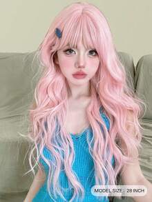 alicegarden 1 Synthetic Heat-Resistant Wig With Bangs, Pink Long Rolled Wig, 28 Feet Long, Made Of Fiber, Suitable For Daily Use, Natural Simulation Wig