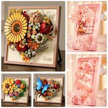 Nuevo conjunto decorativo de bloques de construcción montados a mano con marco con forma de corazón y flor en forma de corazón en flor, adorno de escritorio, artesanía - Flores exuberantes, adecuado para el Día de San Valentín, el Día de la Madre, regalos de cumpleaños, regalos navideños de alta gama