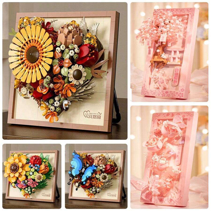 Nuevo conjunto decorativo de bloques de construcción montados a mano con marco con forma de corazón y flor en forma de corazón en flor, adorno de escritorio, artesanía - Flores exuberantes, adecuado para el Día de San Valentín, el Día de la Madre, regalos de cumpleaños, regalos navideños de alta gama