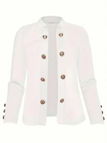 Women's Elegant Solid Double Breasted Jacket - Fashionable Long Sleeve Outerwear, All Season, No Tie Decorative Buttons, Great For Casual Or Office Wear, Local Warehouse Direct - White - View 3