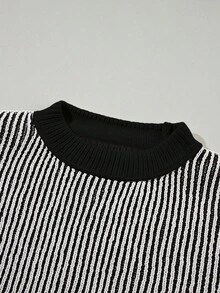 Acelitt Áo len chui đầu dài tay dáng rộng màu tương phản sọc thời trang - màu đen - Xem 7