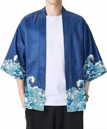 Mens Kimono Robe Jacket 3/4 Sleeve Open Front Japanese Shirt Bathrobe Lightweight Coathalloween - Màu-q - Xem 1