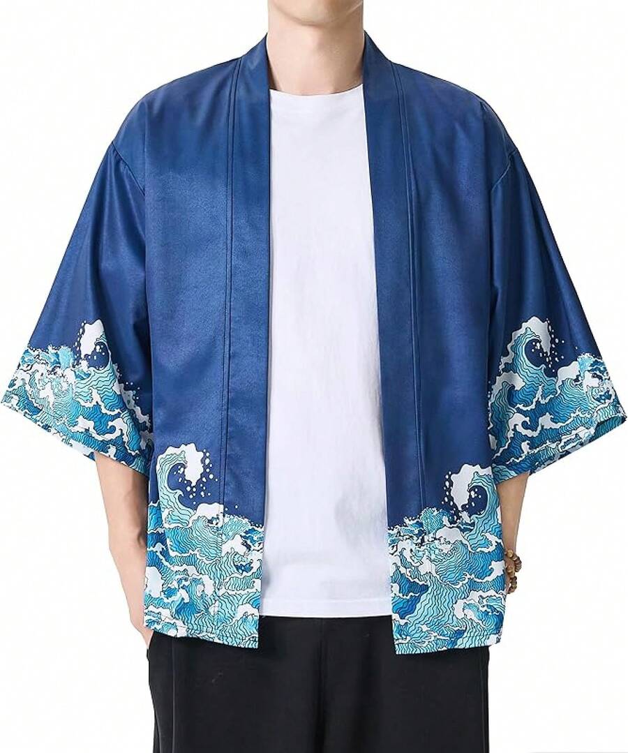 Mens Kimono Robe Jacket 3/4 Sleeve Open Front Japanese Shirt Bathrobe Lightweight Coathalloween - Màu-q - Xem 1