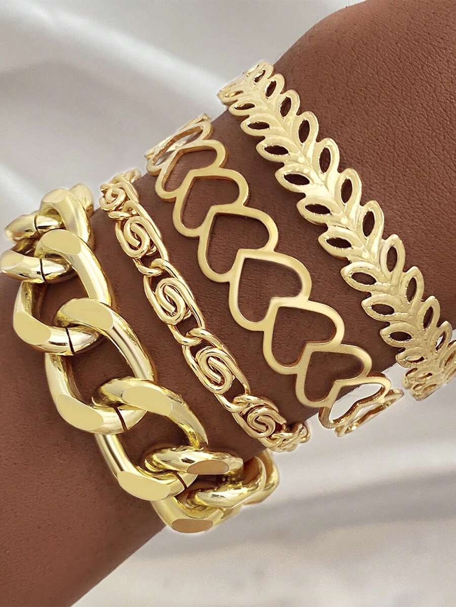 4pcs Heart & Leaf Decor Double Chain Bracelet Set, Gift For Women