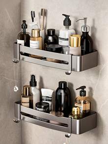 1 pieza Estantería de pared de baño de color gris gunmetal, ideal para almacenar artículos de tocador, estantería de esquina, soportes de almacenamiento, estantes cuadrados de aluminio de color gris arma, estante de ducha, colgador de cocina, estante para champú, accesorios de baño