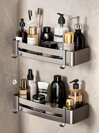 1 pièce Étagère murale de salle de bain gris gunmetal, idéale pour ranger les articles de toilette. Étagère d'angle avec tige de rangement. Étagères carrées en aluminium gris arme. Porte-savon, porte-shampoing, accessoires de salle de bain