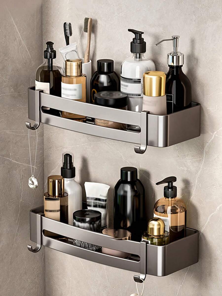 1 pieza Estantería de pared de baño de color gris gunmetal, ideal para almacenar artículos de tocador, estantería de esquina, soportes de almacenamiento, estantes cuadrados de aluminio de color gris arma, estante de ducha, colgador de cocina, estante para champú, accesorios de baño