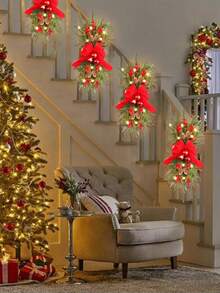 1pc, 17.71inch Christmas Wreath Hanging Decoration Staircase Red Rattan Bow Wreath Pine Cones Decoration Home Decoration Props Festive Atmosphere Venue Layout Props - Multicolor - View 7