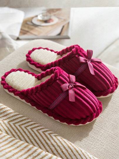 1 Paar japanischer Stil Paar Schleife Warme Hausschuhe, Cord Futter, weiche Sohle, geeignet für Kuschel Hausschuhe, Herbst/Winter