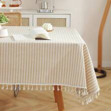 Meioro Table Cloth Beige Striped Tablecloth Tassels Cotton Blend Dust-Proof Table Cover For Dining Coffee Buffet Kitchen Picnic Tables, Parties Tablecloths(55 X 78 Inch, Beige) - 米色78x55矩形 - View 1