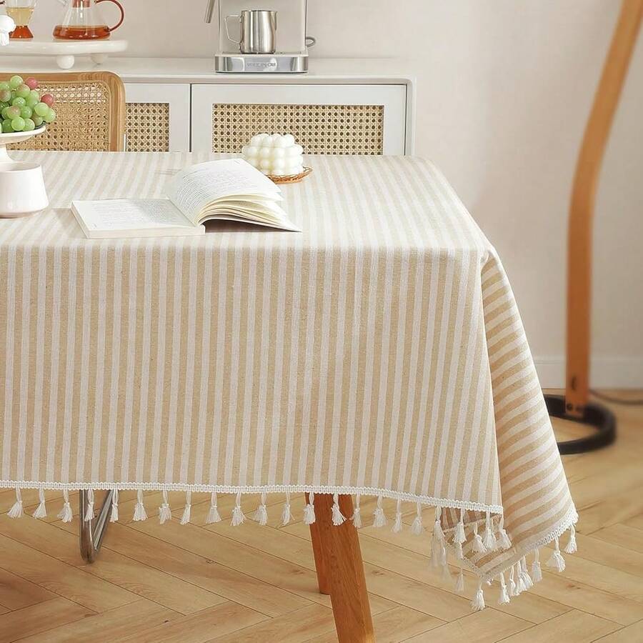 Meioro Table Cloth Beige Striped Tablecloth Tassels Cotton Blend Dust-Proof Table Cover For Dining Coffee Buffet Kitchen Picnic Tables, Parties Tablecloths(55 X 78 Inch, Beige) - 米色78x55矩形 - View 1