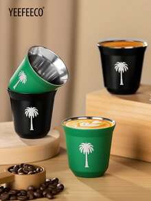 yeefeeco 1pc Stainless Steel Teacup, Coffee Cup With Green Palm Tree Pattern, Saudi National Day Gift, Iced Americano & Latte Cup, Outdoor Camping Water Cup, Mug, Green & Black Coffee Cup (80ml/160ml), Suitable For Saudi National Day Gifting, Receiving Guests And Afternoon Tea