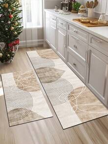 1 件米色几何线条拼布图案，简约时尚风格，约 3 毫米厚吸水厨房垫/地毯套装，可水洗，适用于厨房、浴室、入口、洗衣房、书房、客厅、卧室、走廊 - 彩色 - 查看 3