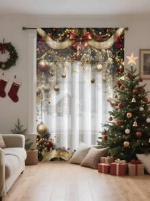 1pc Christmas Ball & Element Pattern Premium Decorative Curtain Rod Pocket Sheer Curtain, All Season Use For Outdoor, Gazebo, Bedroom, Kitchen, Office, Study, Living Room - Semi-Sheer (100g Fabric Weight) Home Decor Christmas Decorations Room Decor Christmas Decorations Home