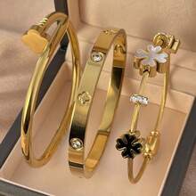 18K Gold Plated Stainless Steel Four-Leaf Clover Bracelet, Suitable For Women's Party, Daily Wear, European & American Style, Personalized, Luxury Cubic Zirconia Bangle, Wedding Jewelry Set, Gift For Girls, Women, Relatives, Friends, Beautiful Wedding, Birthday, Valentine's Day