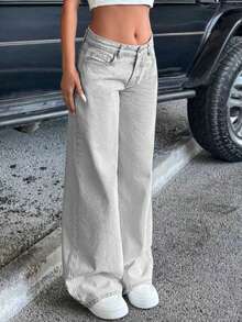 Teen Girl Casual Front Button Pocket Straight Leg Jeans - Grey - View 3