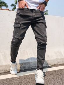 男士弹力黑色经典修身牛仔裤，男士弹力黑色破洞牛仔裤 - 黑色 - 查看 1