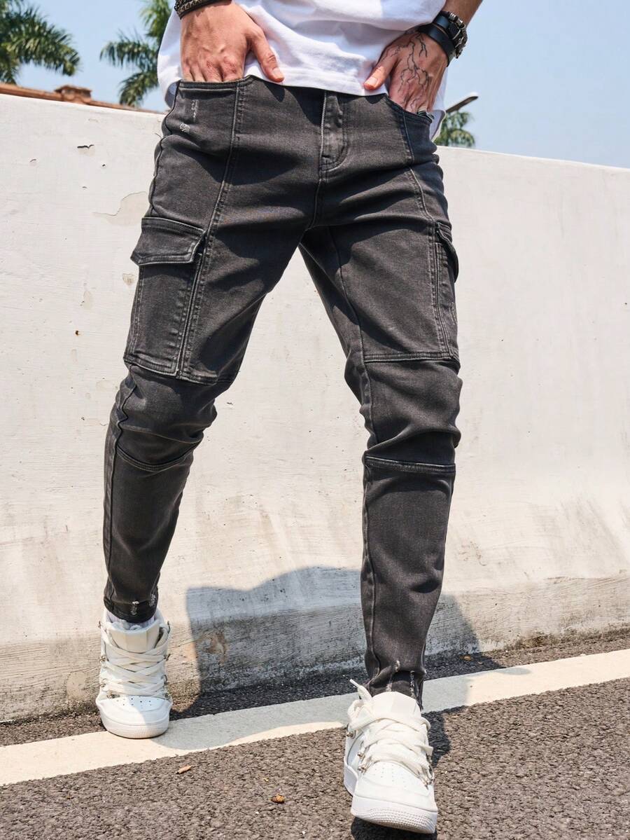 男士弹力黑色经典修身牛仔裤，男士弹力黑色破洞牛仔裤 - 黑色 - 查看 1