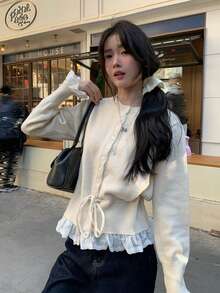 净色荷叶边饰带腰带开衫 - 杏色 - 查看 8