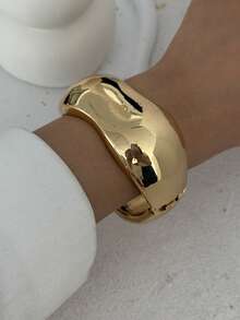 1pc Vintage Punk Thick Alloy Bracelet, Exaggerated Fashion Asymmetrical Wave Metal Design Bracelet, Minimalist Luxurious Charm Bracelet, Suitable For Women - Yellow Gold - View 4