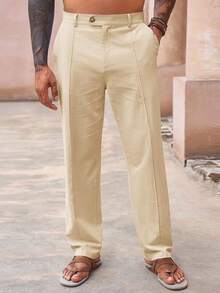Mens Casual Pants Elastic Waist Cotton Linen Pants Pleated Loose Fit Lightweight Beach Yoga Trousers-20256688 - 米色 - 查看 3
