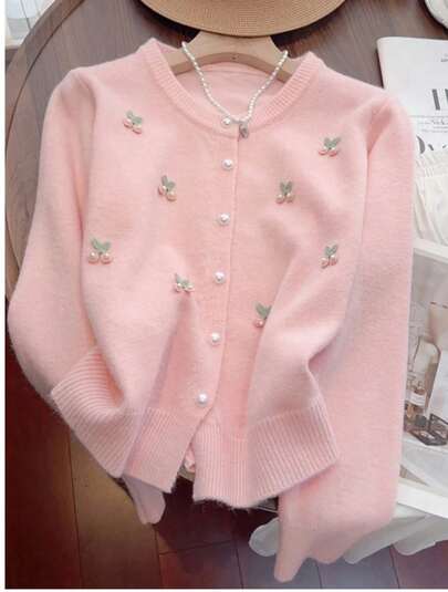 Cardigan de punto de mujer con diseño de cerezas y perlas, de corte holgado, diseño dulce y juvenil, para otoño/invierno, top de manga larga