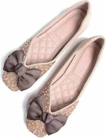 SAILING LU Square Toe Flats Shoes Rhinestoned Bowknots Ballet Flats For Women Studded Dress Shoes Comfort Light Weight LoafersChristmas - C-米色 - 查看 11
