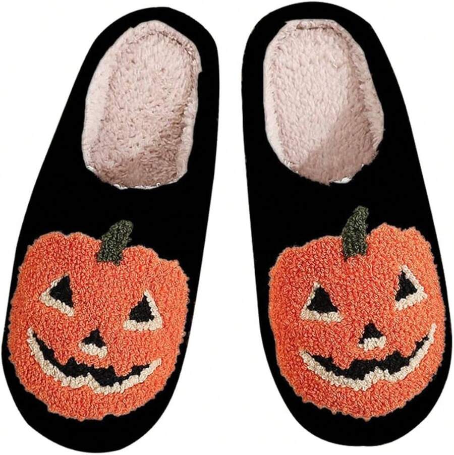 Cozy Plush Halloween Pumpkin Slippers, Non-Slip Fluffy Design - Style B - View 1
